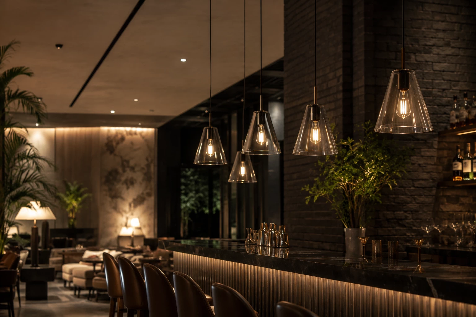 Clear Glass Cone Pendant in Boutique Hotel Bistro Bar