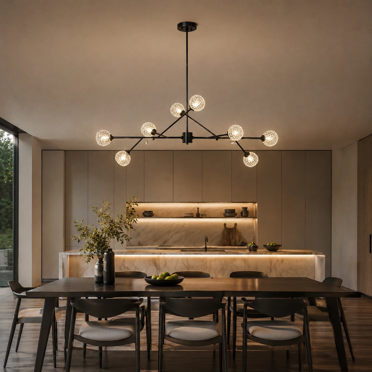 Molecular Starburst Chandelier over Kitchen Island
