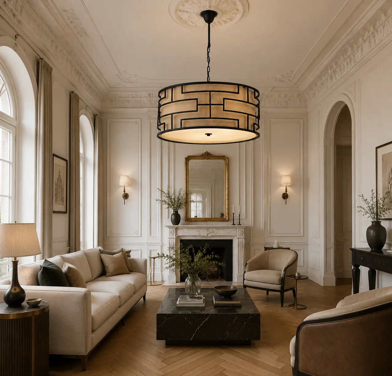 Monarch-4-Light-Drum-Pendant-with-Matt-Bronze-Finish-and-Taupe-Linen-Shade-neoclassical-living Monarch-4-Light-Drum-Pendant-with-Matt-Bronze-Finish-and-Taupe-Linen-Shade-neoclassical-living