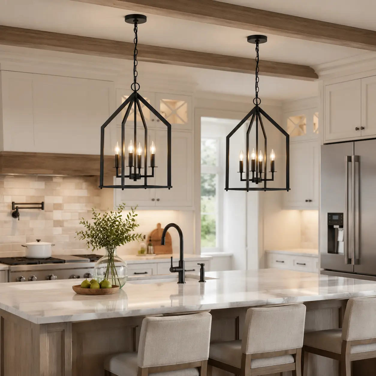 Montara Geometric Cage Pendant pair over a kitchen island