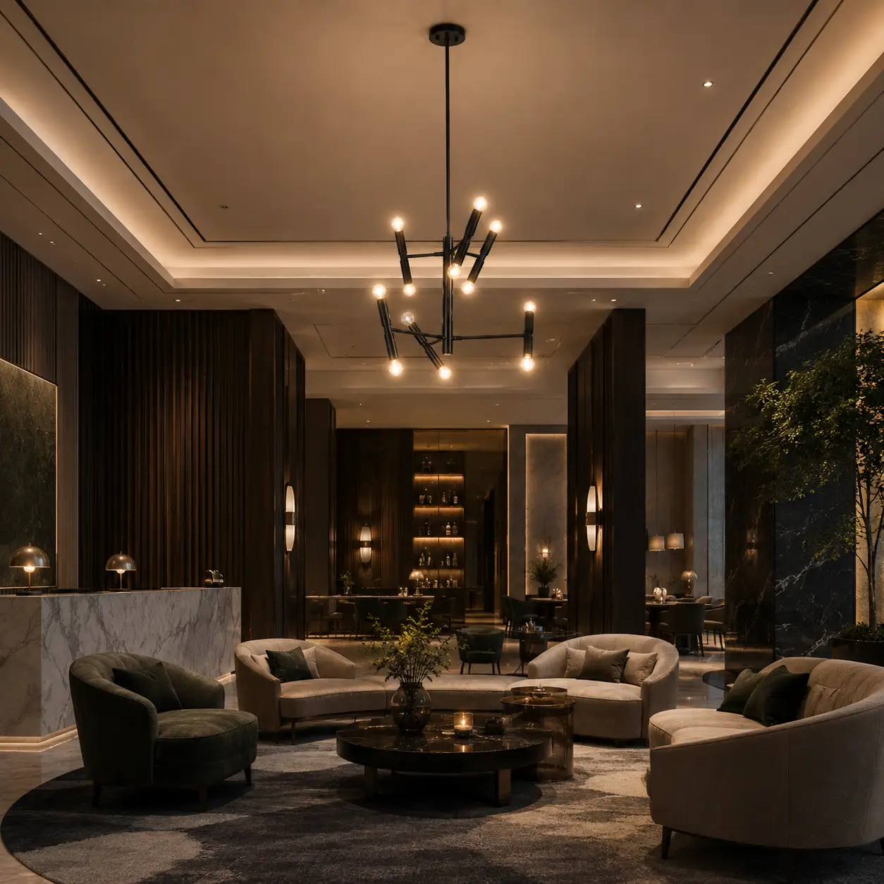 The Orbit Sculptural Chandelier in Commercial Hotel Lounge