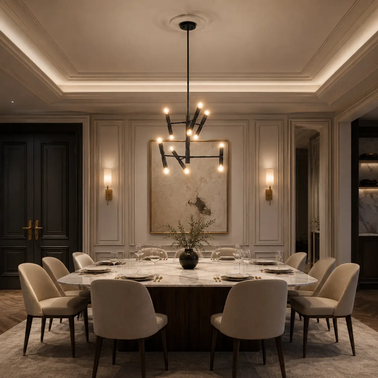 The Orbit 12-Light Chandelier in Mid-Century Neo-Classical Dining Hall