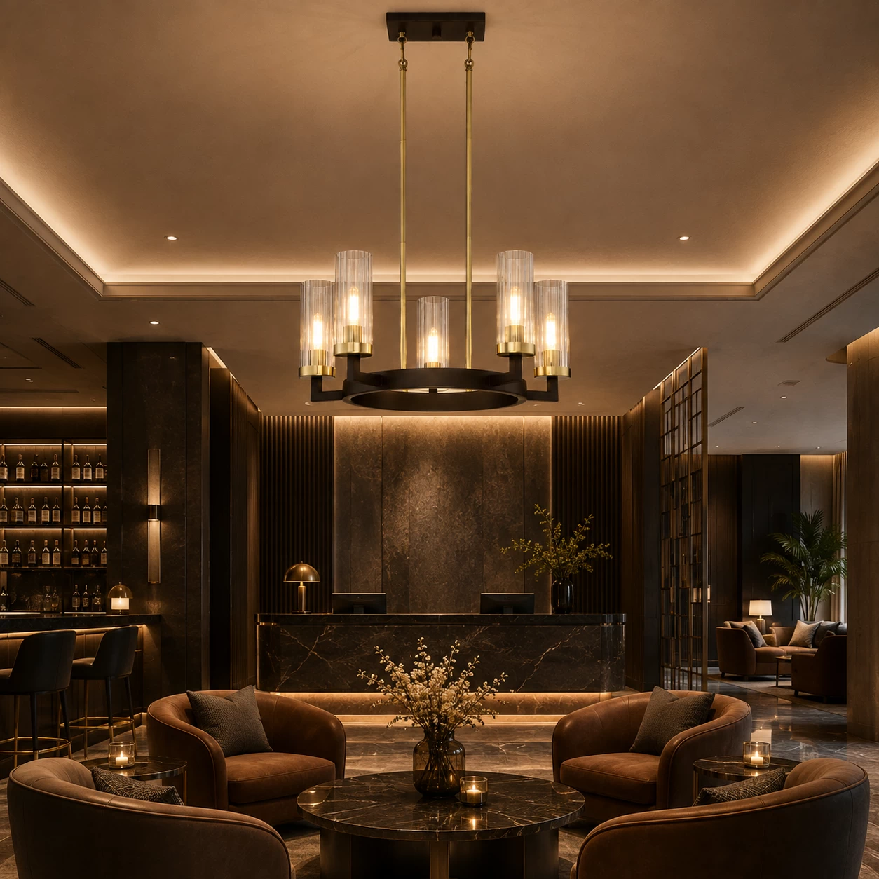 Orbital Cascade Chandelier in Hotel Reception Lounge