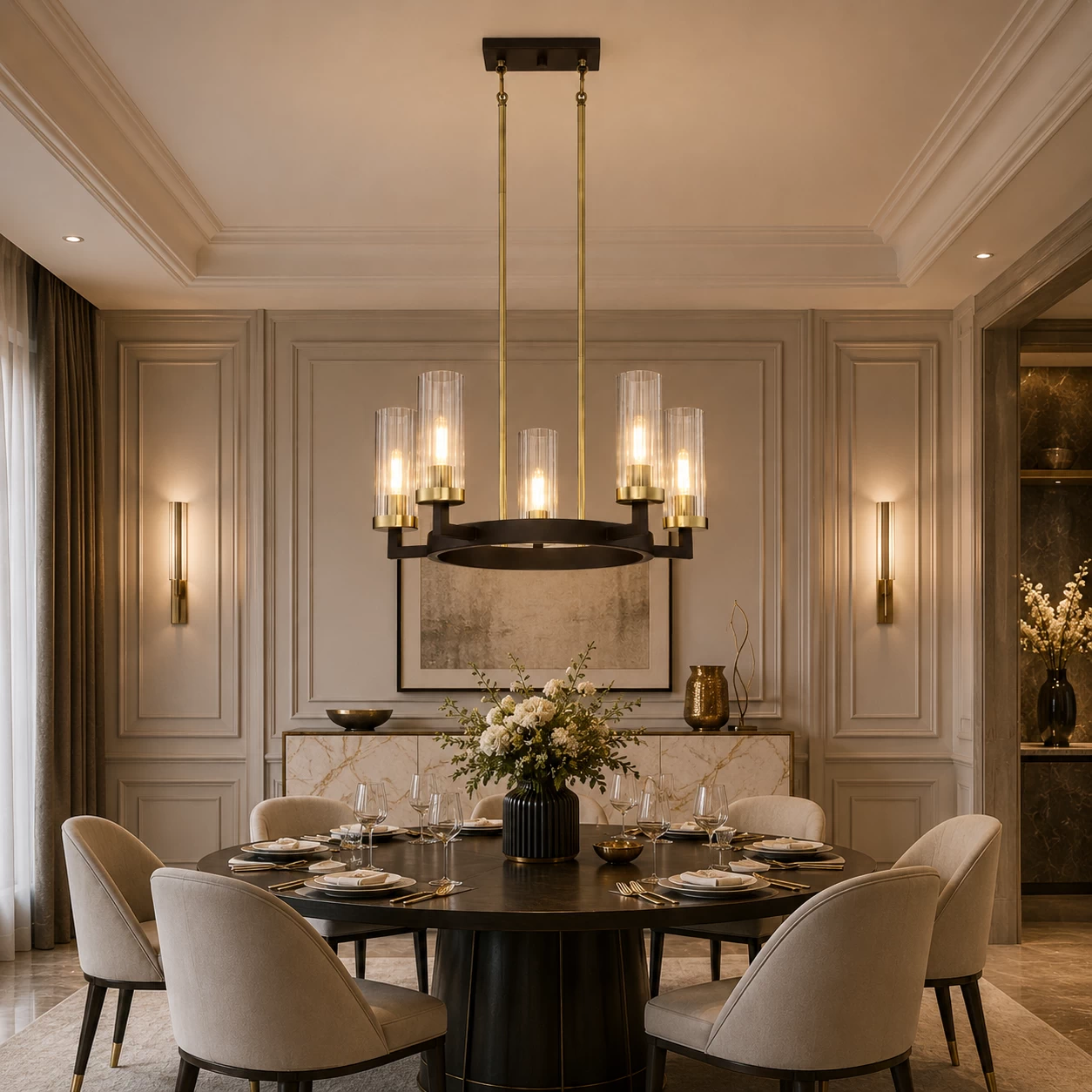 Orbital Cascade Chandelier over Dining Table