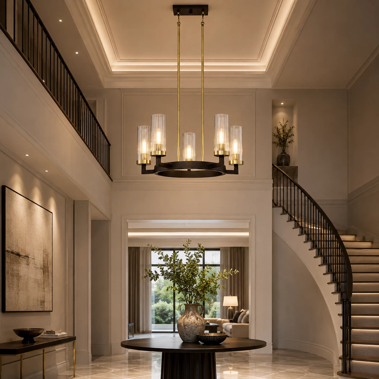 Orbital Cascade Chandelier in Double-Height Foyer