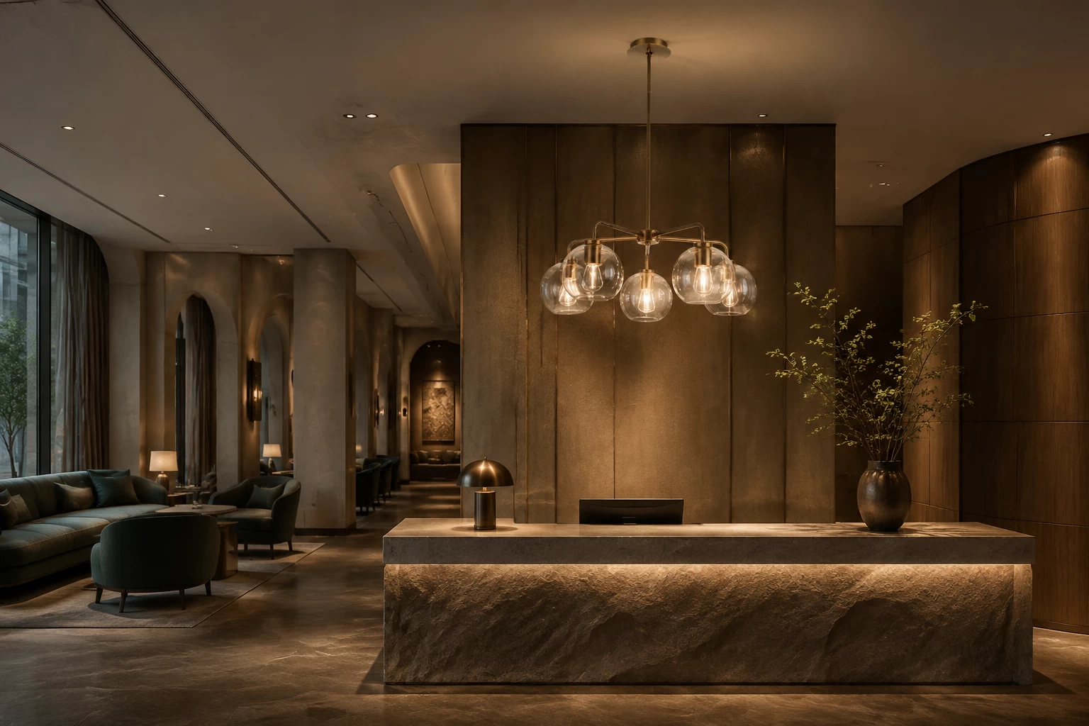 The Orbital Glow Pendant in Luxury Hotel Reception Lounge