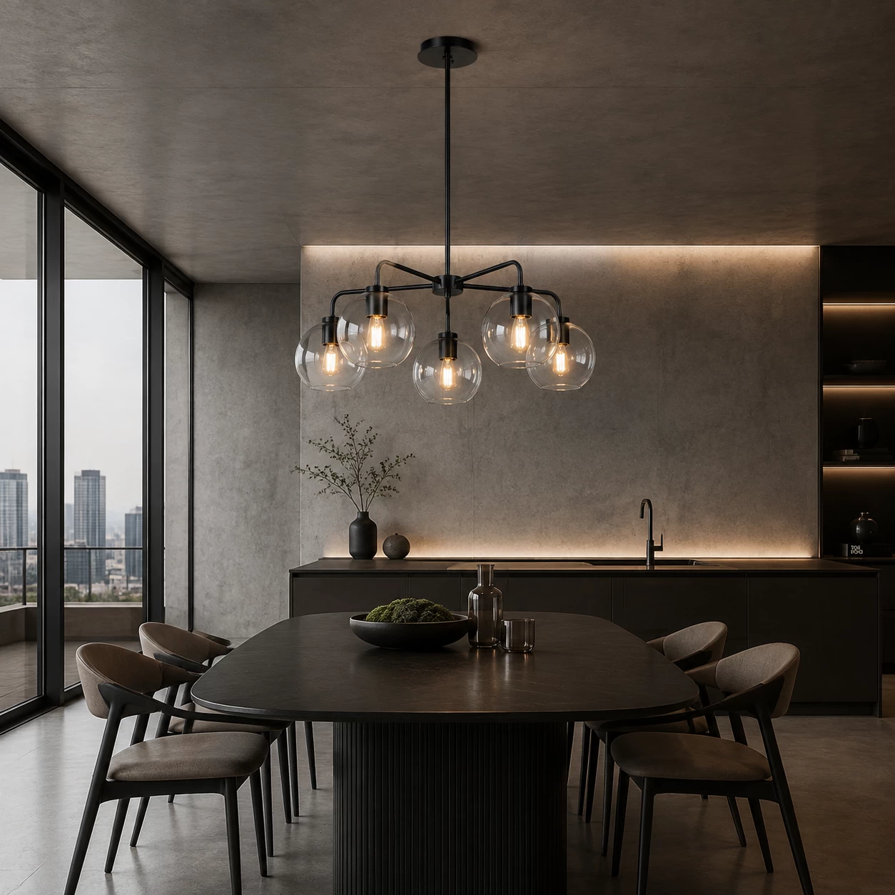 The Orbital Glow Pendant customized in Matte Black finish in Minimalist Penthouse