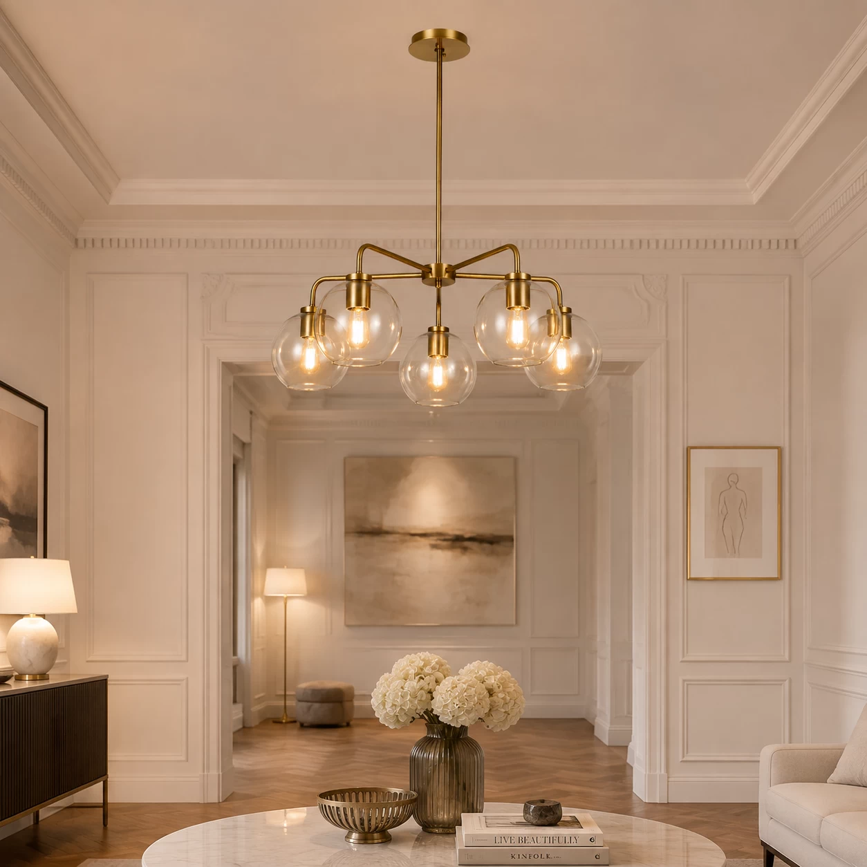 The Orbital Glow 5-Light Globe Pendant in French Light Luxury Living Room