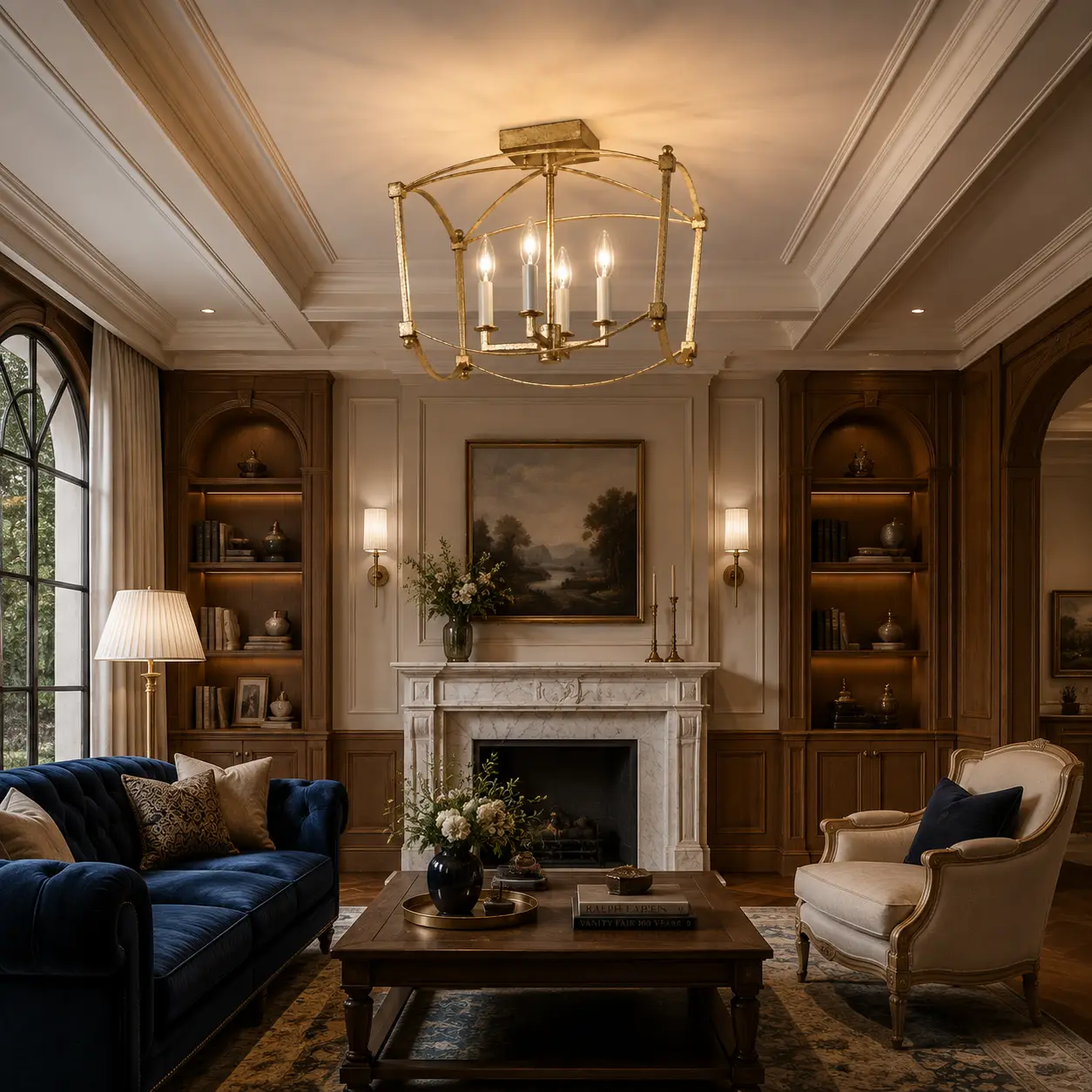 Ovalis Matte Gold Chandelier in Neoclassical French Lounge