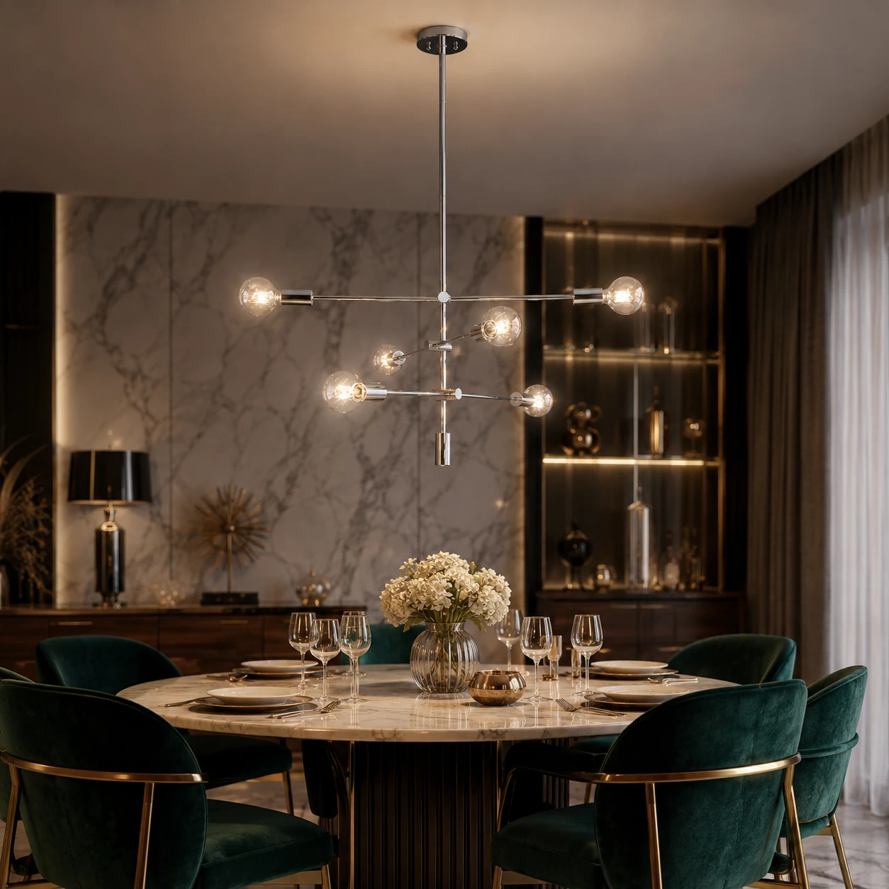 The Quasar 6-Light Chandelier over Modern Glam Dining Table