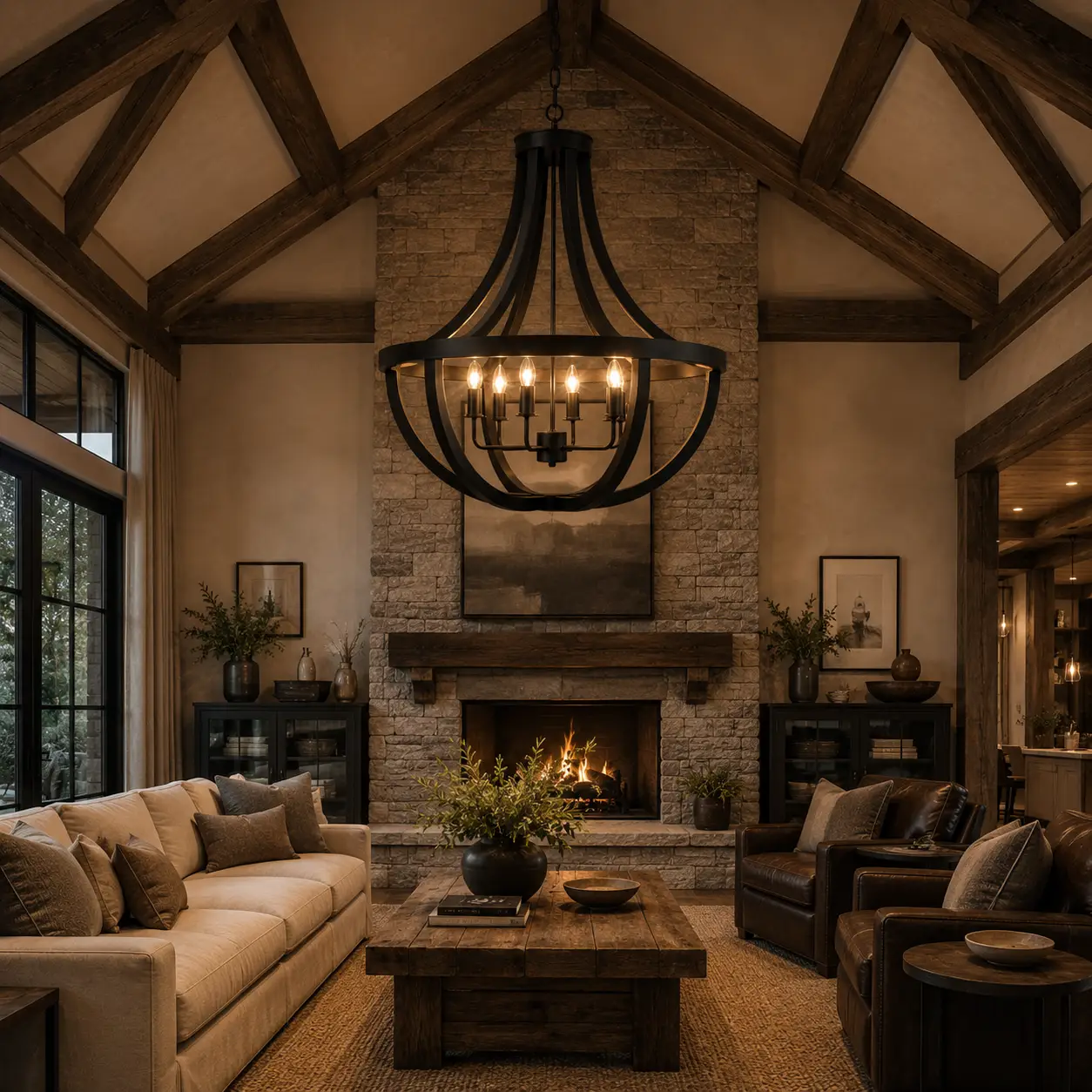 Open Cage Chandelier in Rustic Luxury Living Room