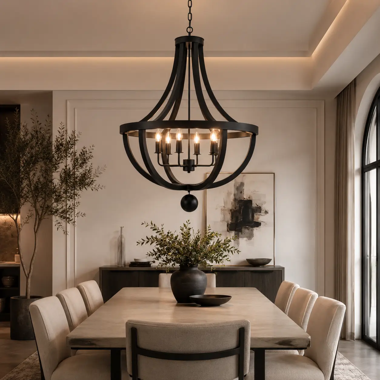 Open Cage Chandelier in Modern Transitional Dining Room