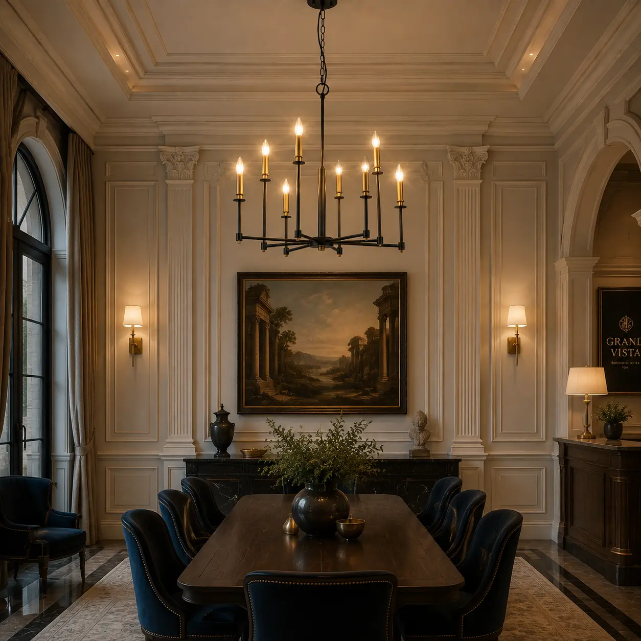 Regalia Chandelier in Neoclassical Hotel Lounge