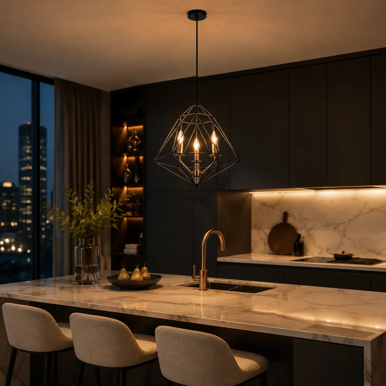 Rosacage Chandelier in Modern Luxury Kitchen Island Setting