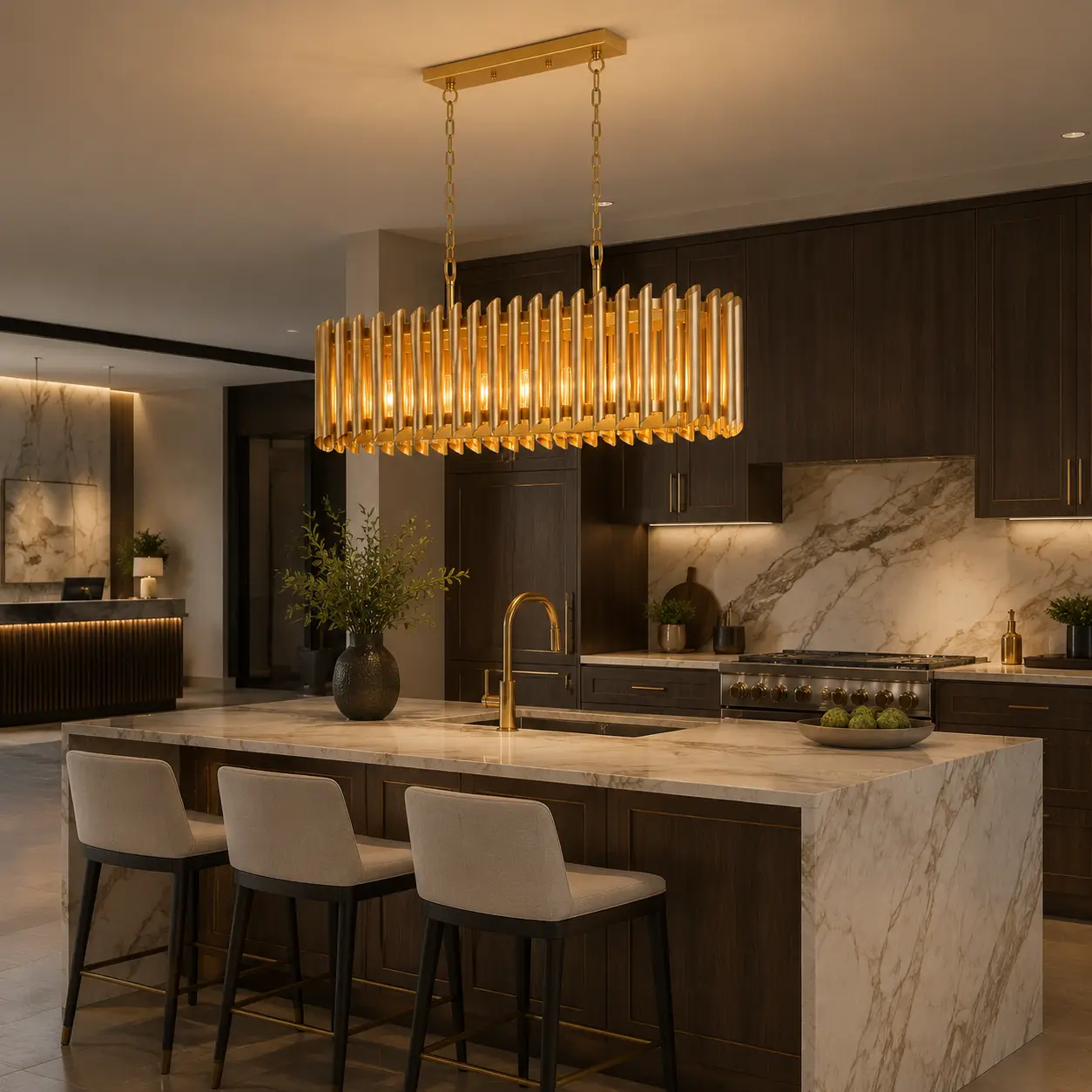 Sonata-Ellipse-4‑Linear-Light-Pendant-in-Brass-transitional-kitchen-island Sonata-Ellipse-4‑Linear-Light-Pendant-in-Brass-transitional-kitchen-island