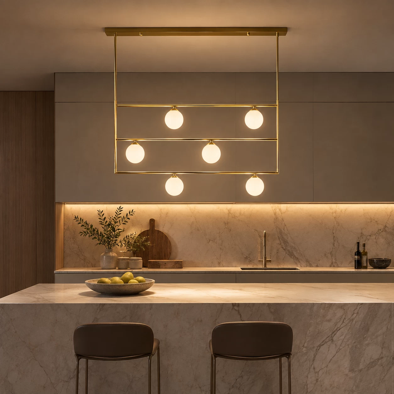 Stratum Glow Linear Opaline Chandelier over Kitchen Island