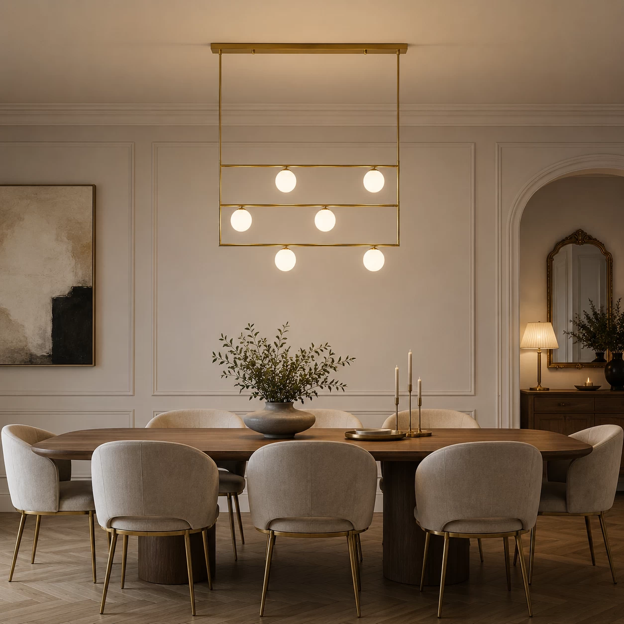 Stratum Glow Linear Chandelier in Neoclassical Dining Room