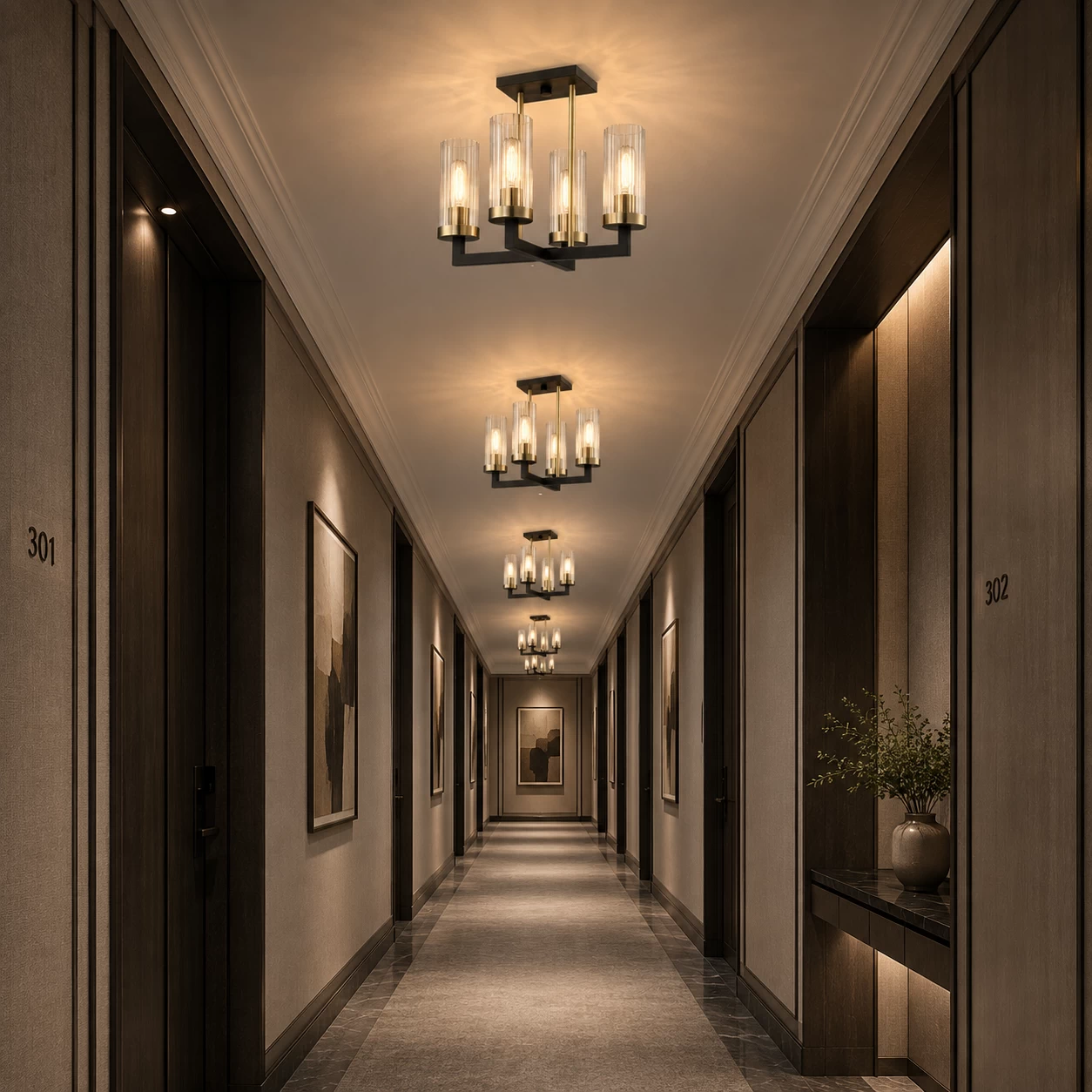 Urban Refine 4-Light Semi-Flush Mount in Hotel Corridor