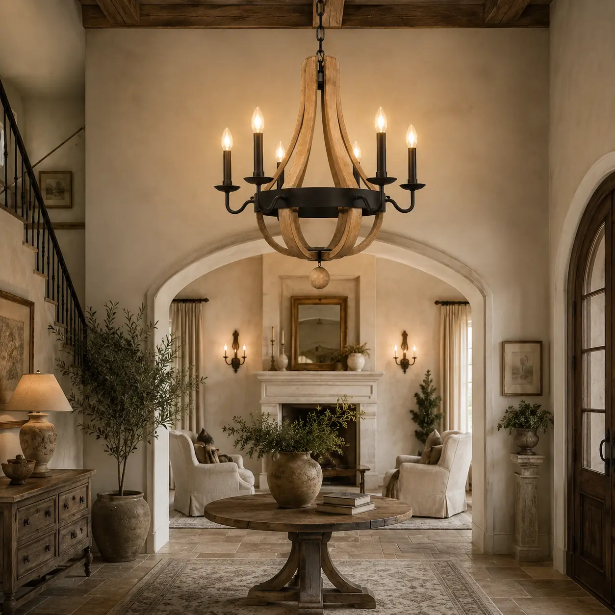 Valmont Wood and Iron Chandelier in French Country Foyer