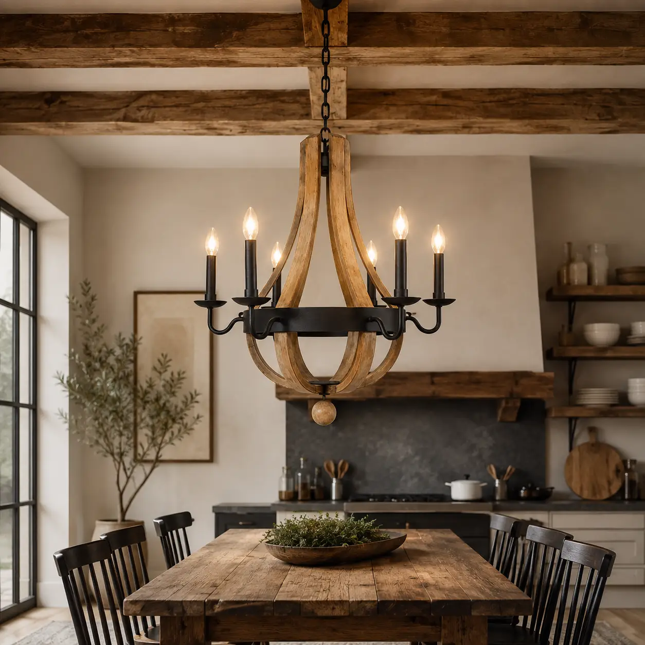 Valmont Wood and Iron Chandelier in Modern Farmhouse Dining Room