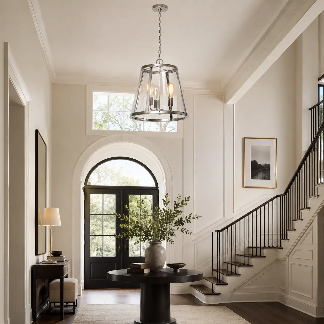 The Vista Tapered Lantern Pendant in Double-Height Transitional Foyer
