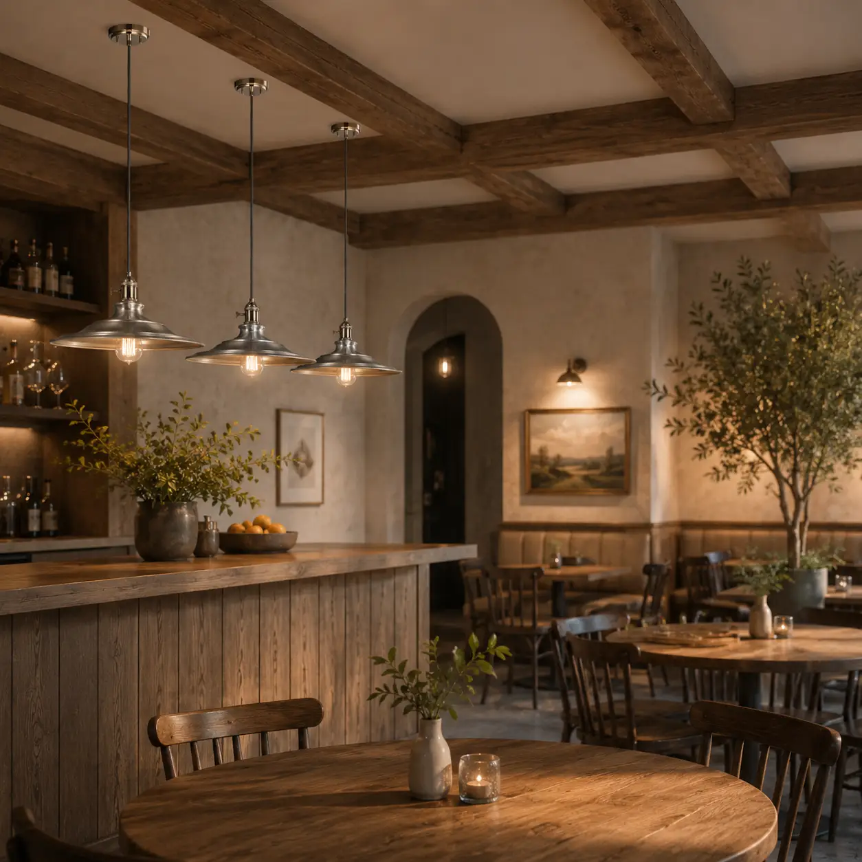 Spun metal pendant light in Rustic Farmhouse & Commercial Cafe space