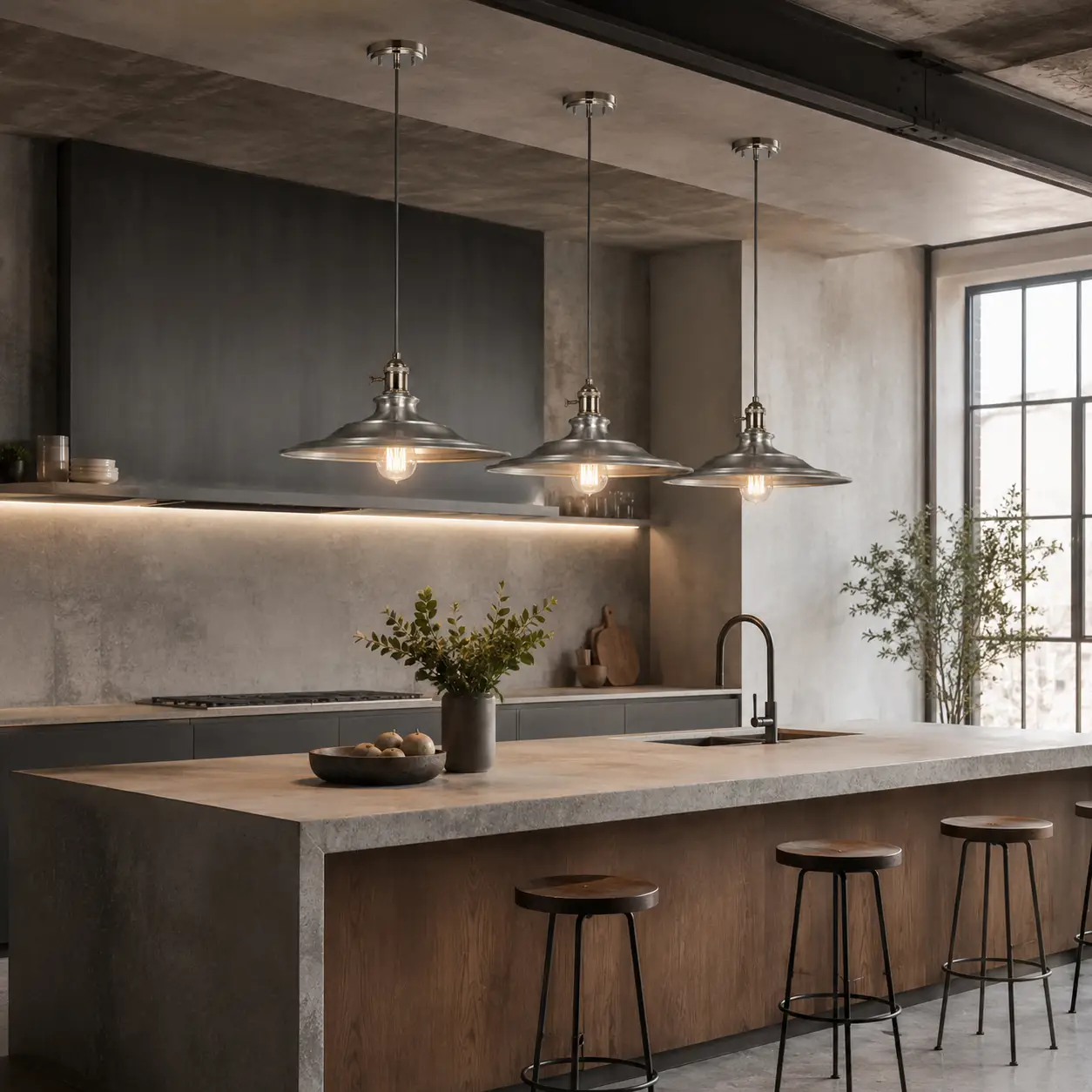 Workshop Spun Industrial Pendant in Modern Minimalist Loft Kitchen