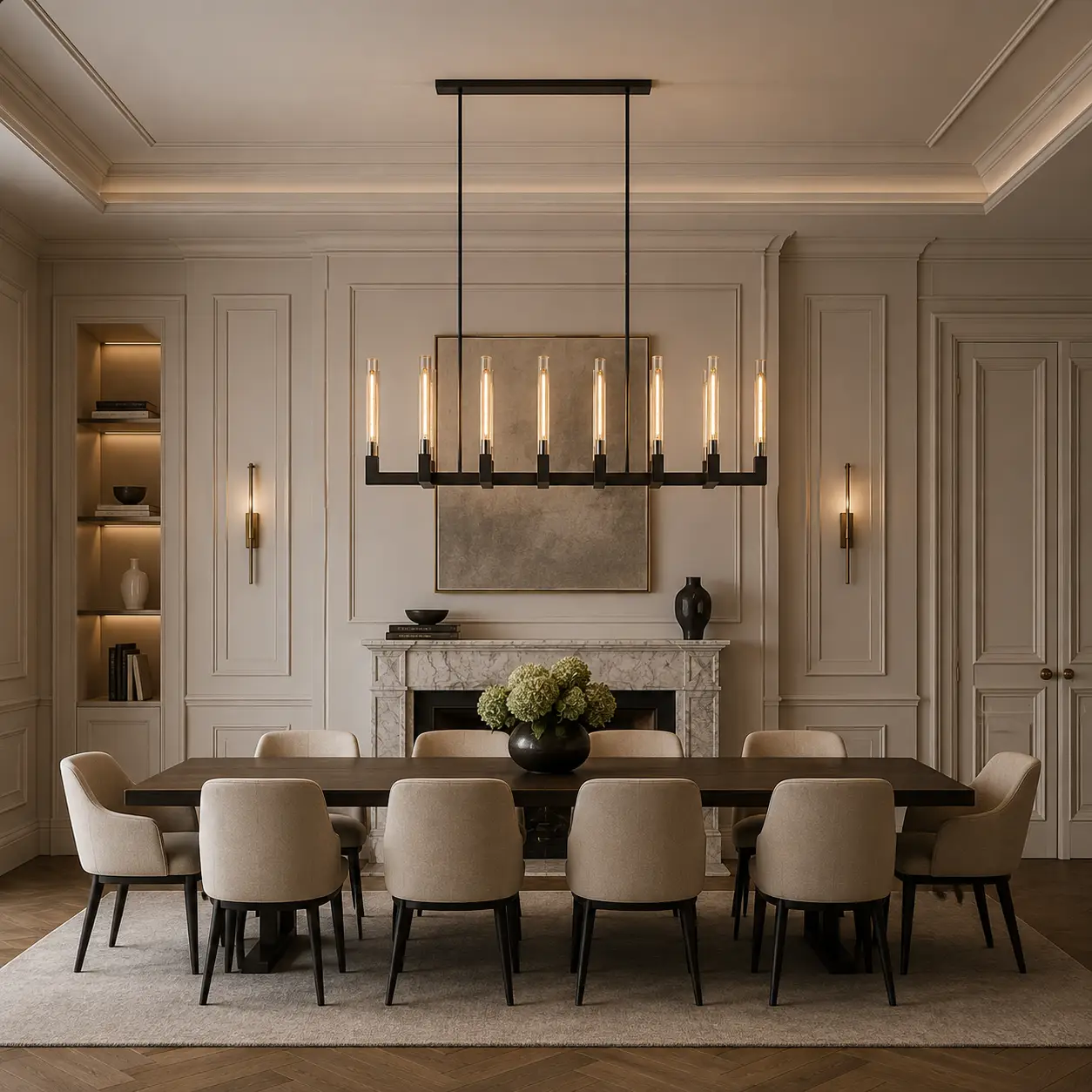 Aero-Linear 12-Light Industrial Bar Pendant in a contemporary Neoclassical interior