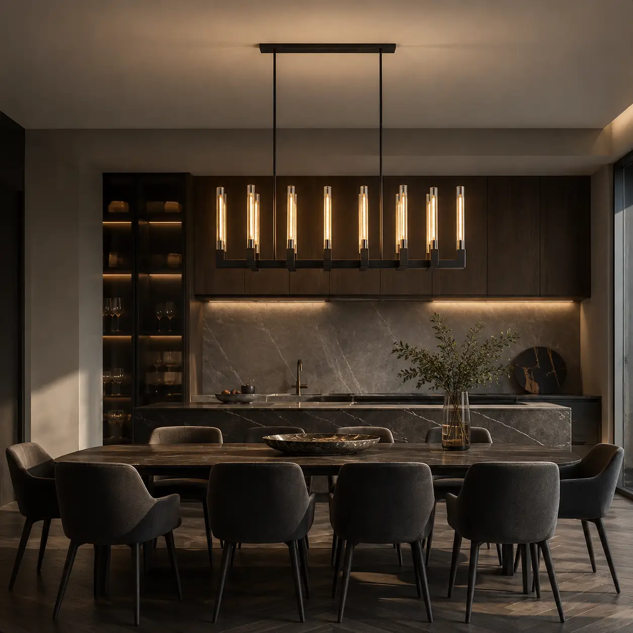 Aero-Linear 12-Light Industrial Bar Pendant in a Modern Luxury dining interior