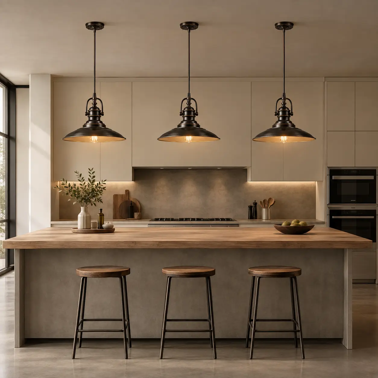 Aldric Metal Pendant in Modern Industrial Kitchen Island Setup