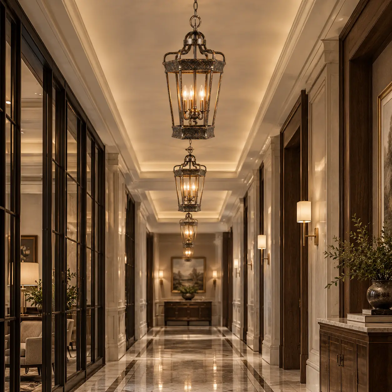 Lantern Pendant in Commercial Hotel Suite Corridor Render