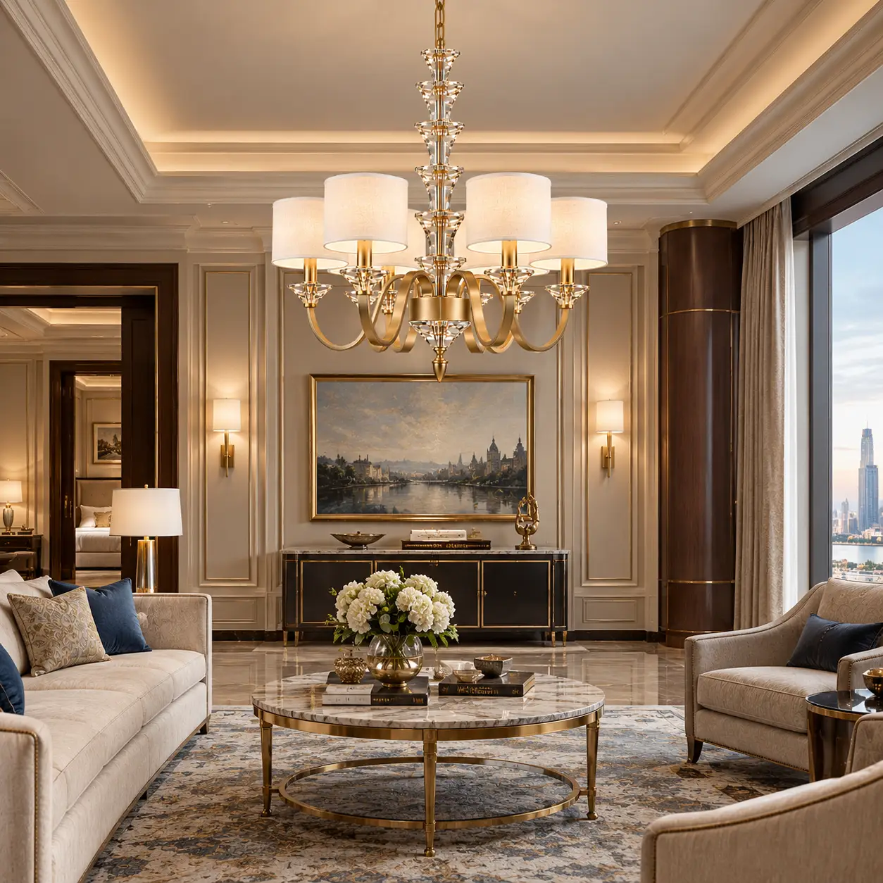Antique Champagne Gold Chandelier in Hotel Suite Render