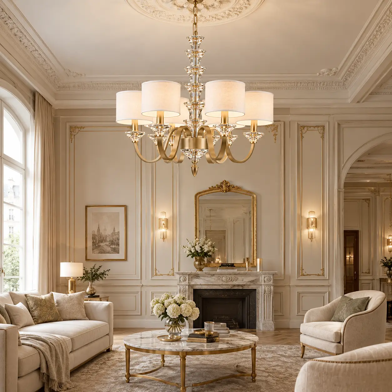 Antique Champagne Gold Chandelier in French Modern Living Room Render