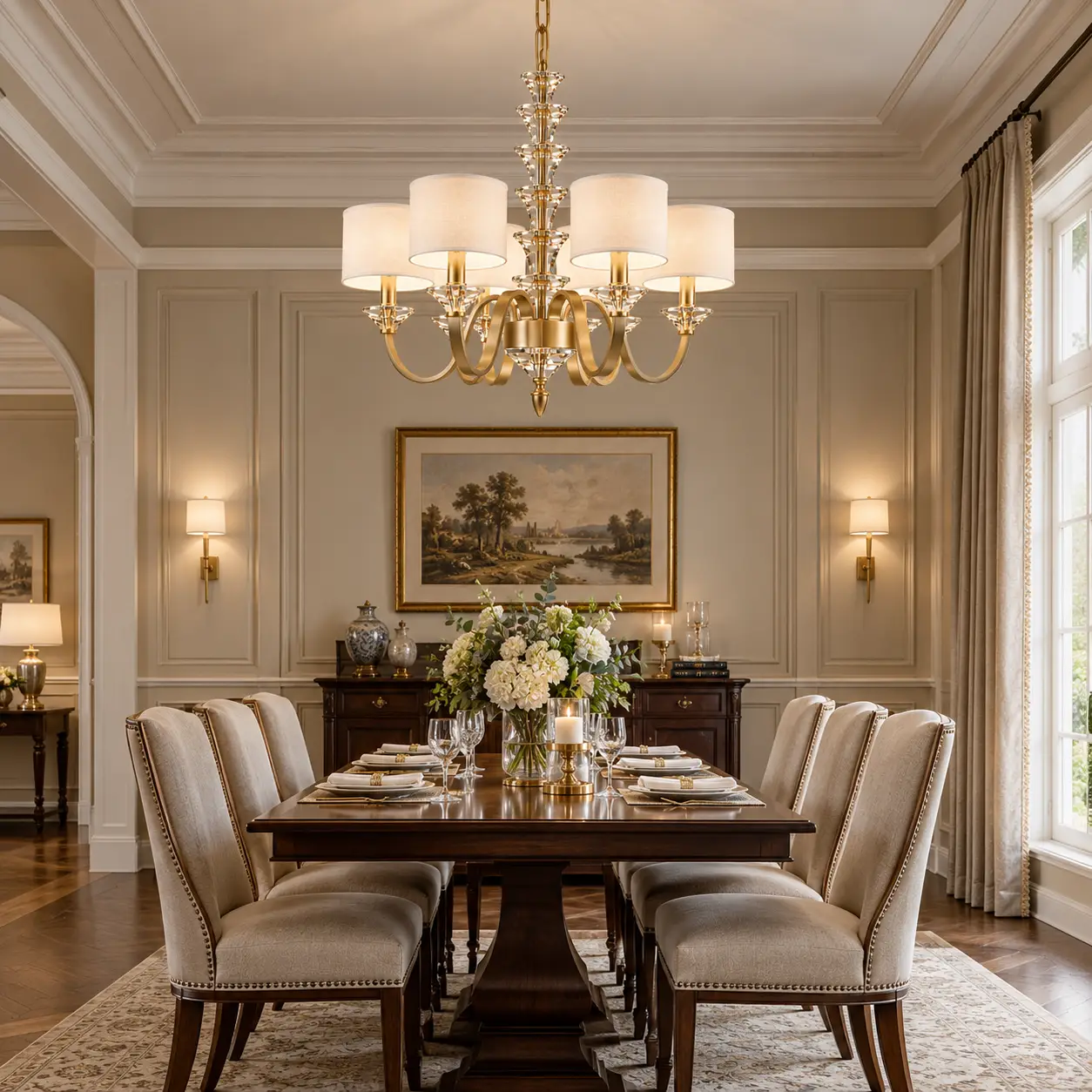 Antique Champagne Gold Chandelier over Dining Table Render