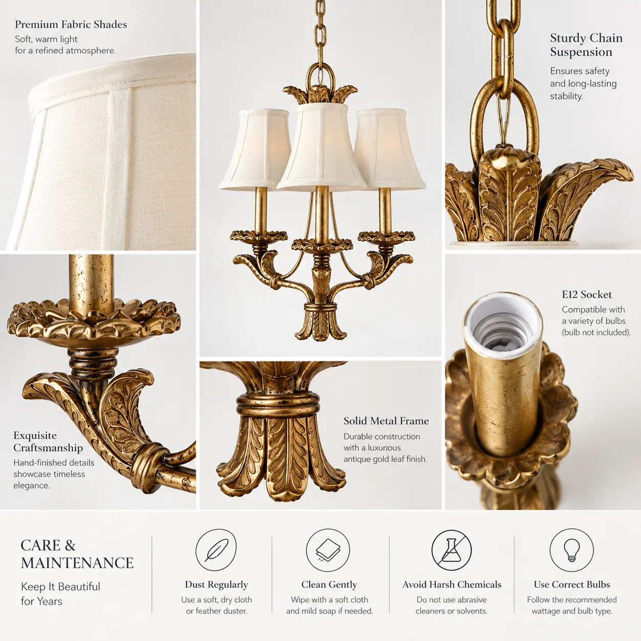 Antique-Gold-Leaf-3-Light-Pendant-Chandelier-with-Fabric-Shades-2 Antique-Gold-Leaf-3-Light-Pendant-Chandelier-with-Fabric-Shades-2