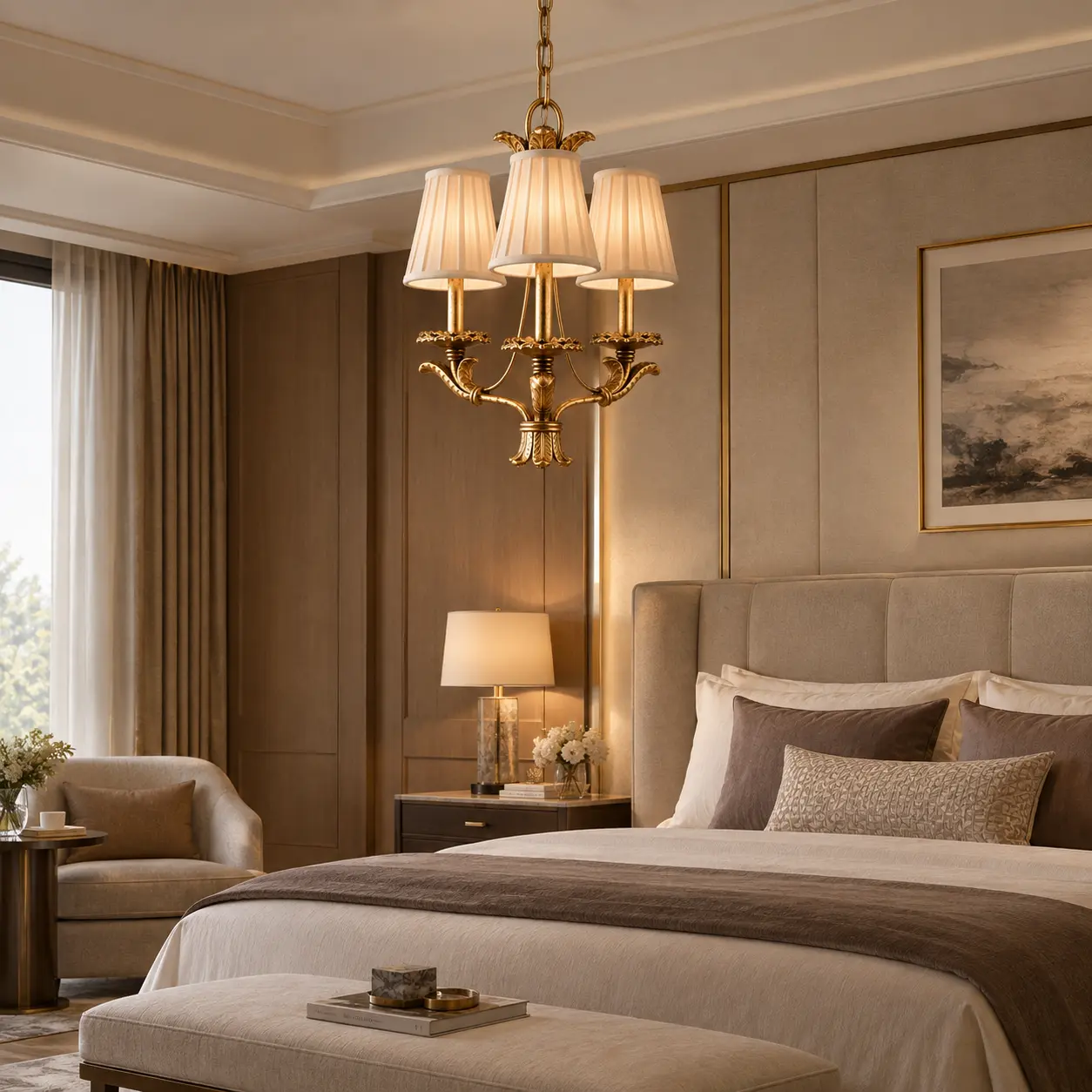 3-Light Pendant Chandelier with Fabric Shades in Modern Luxury Suite