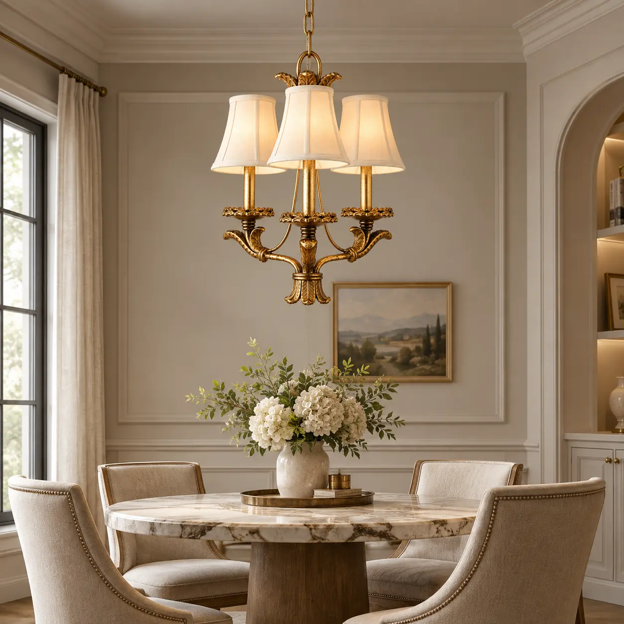 Antique-Gold-Leaf-3-Light-Pendant-Chandelier-with-Fabric-Shades-Transitional-Dining-Breakfast-Nooks Antique-Gold-Leaf-3-Light-Pendant-Chandelier-with-Fabric-Shades-Transitional-Dining-Breakfast-Nooks