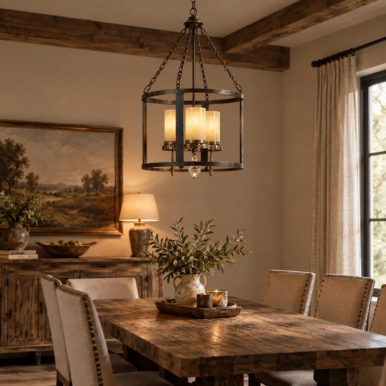 Arden 3-Light Chandelier in Vintage Rustic Dining Setting