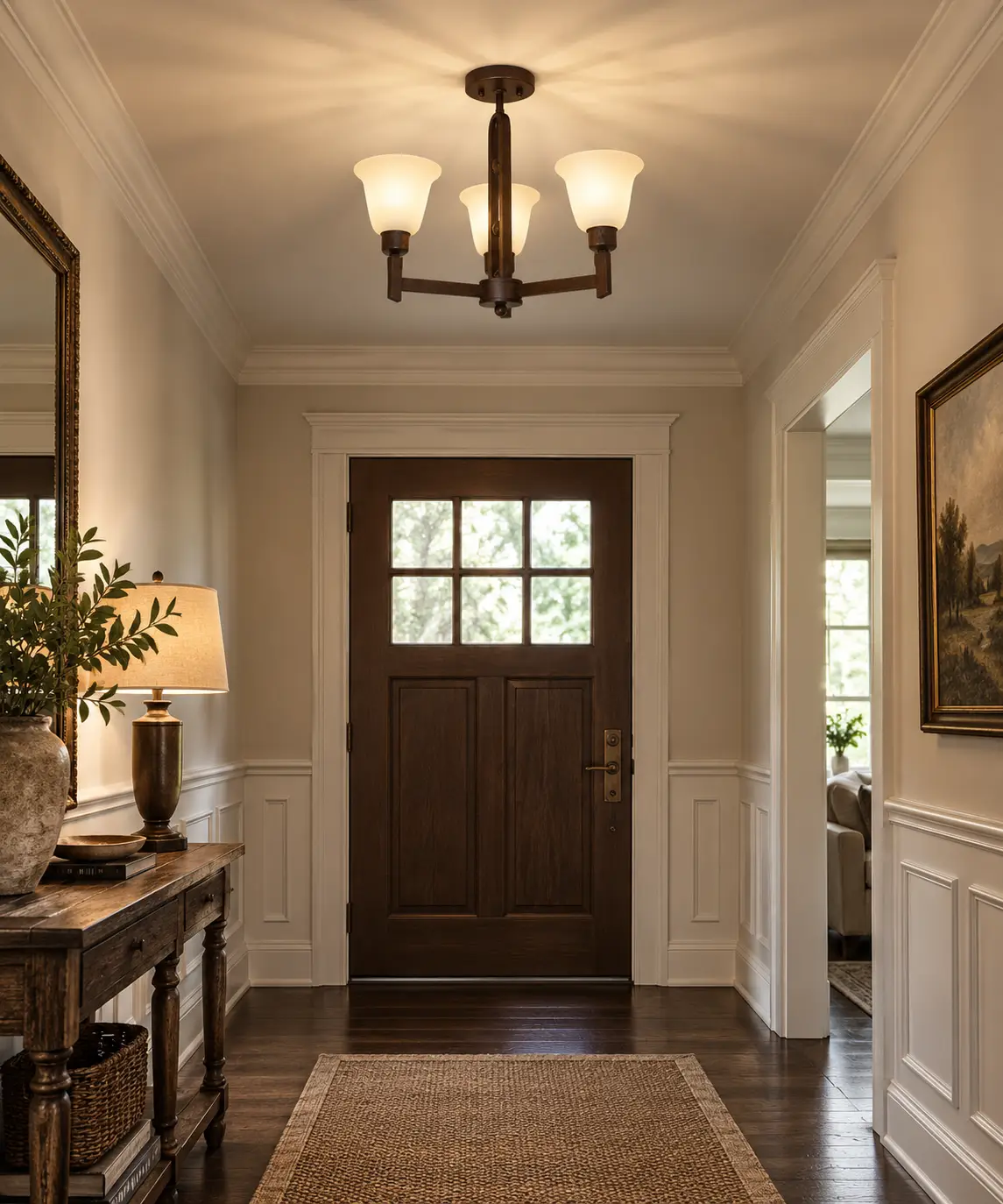 Arden 3-Light Semi-Flush Mount in Vintage Foyer Hallway 3D Rendering