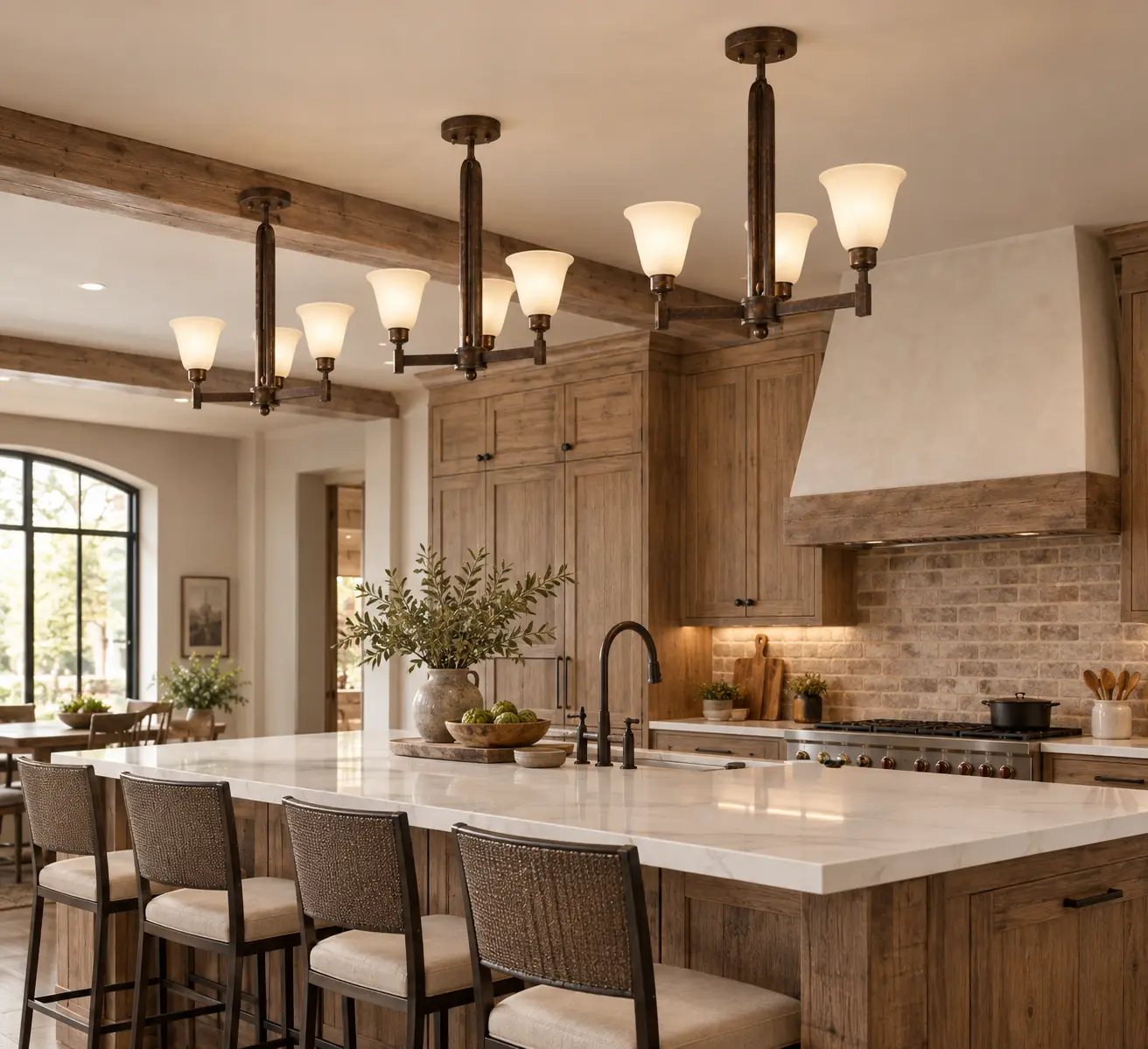 Arden 3-Light Pendant Cluster over Rustic Farmhouse Kitchen Island 3D Rendering
