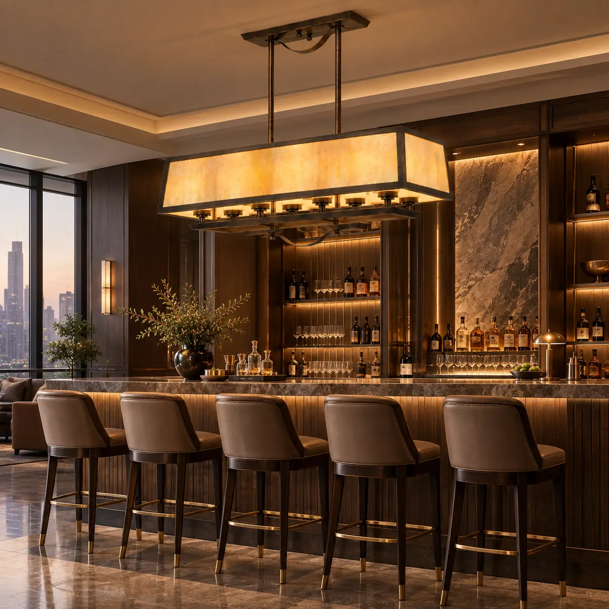 Ardmore Linear Chandelier Featured Over a Commercial Hospitality Bar Counter