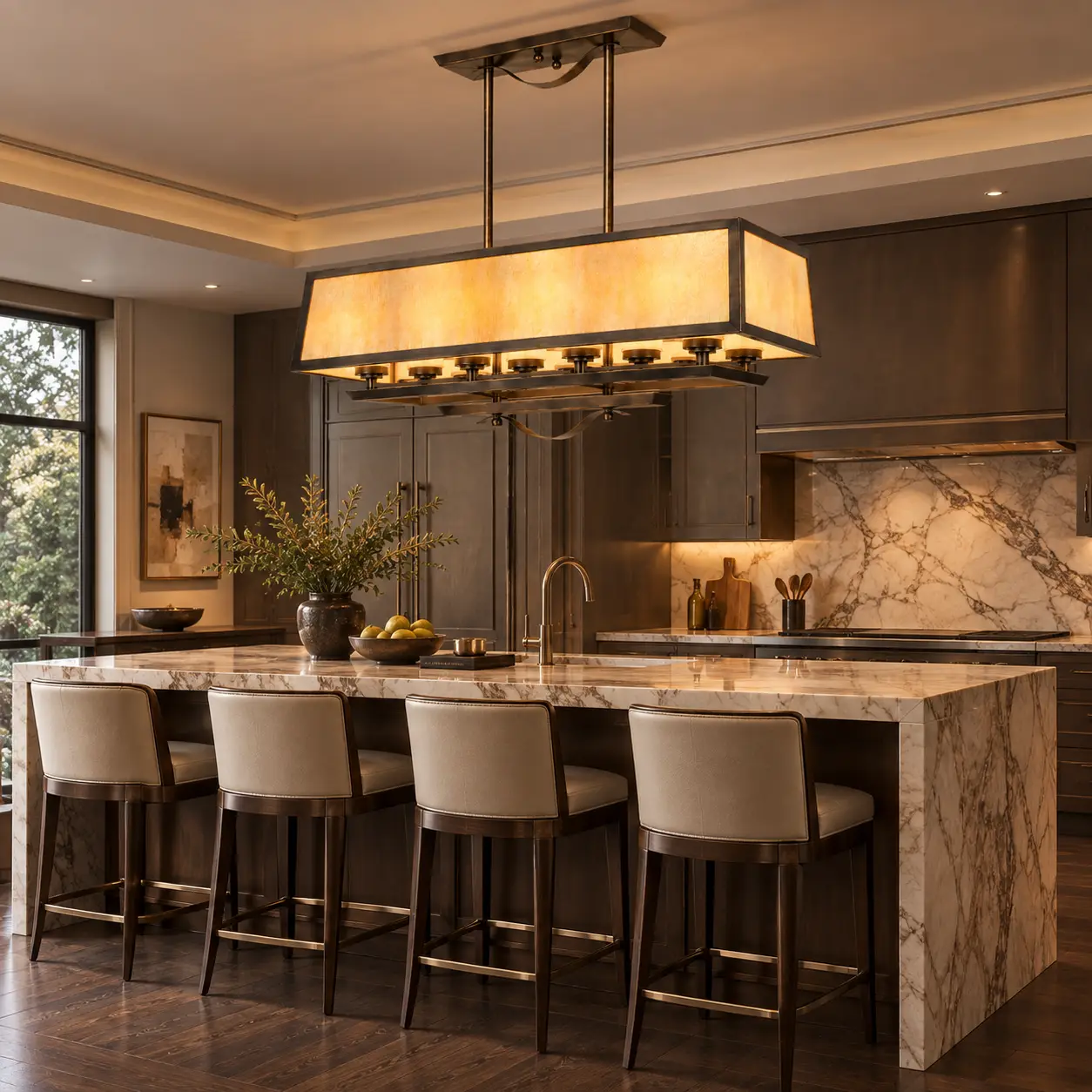 Ardmore 8-Light Linear Chandelier Suspended Above a Luxury Marble Kitchen Island