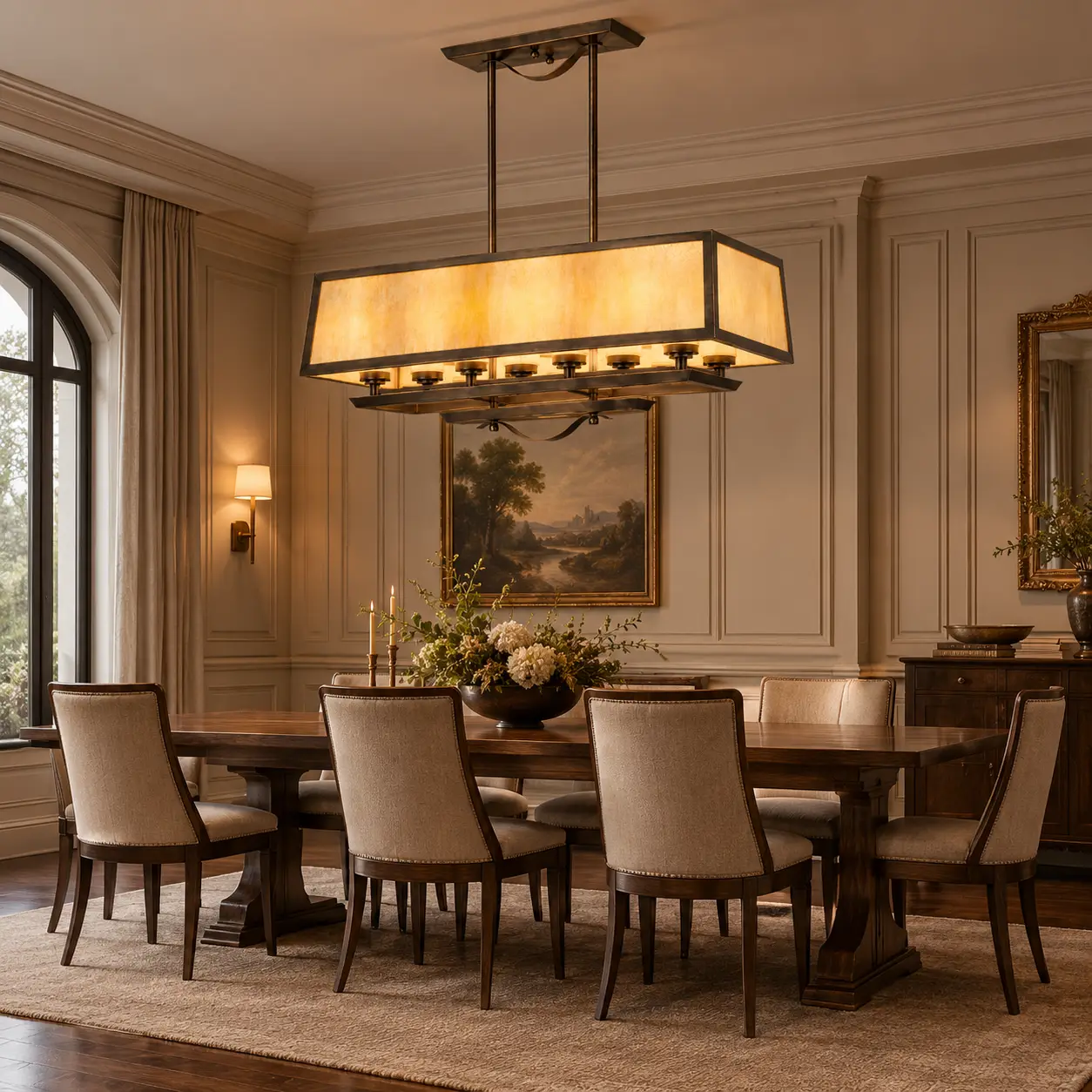 Ardmore 8-Light Linear Chandelier Hung Over a Long Walnut Dining Table