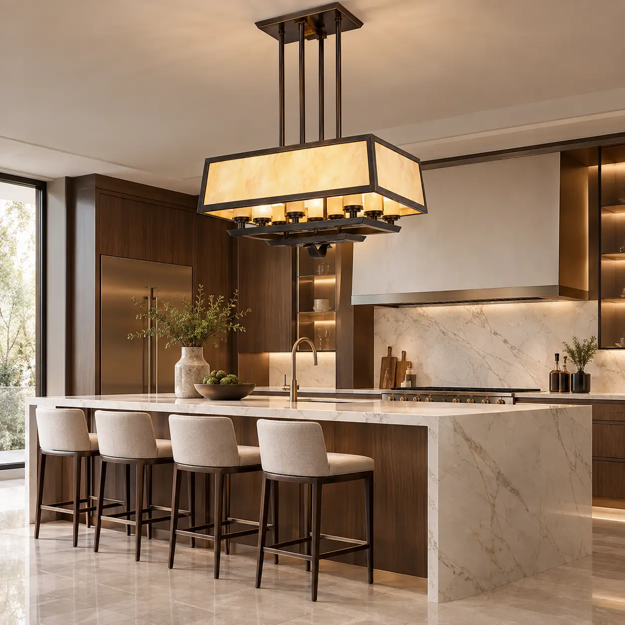 Ardmore 8-Light Rectangular Chandelier Above Luxury Marble Kitchen Island
