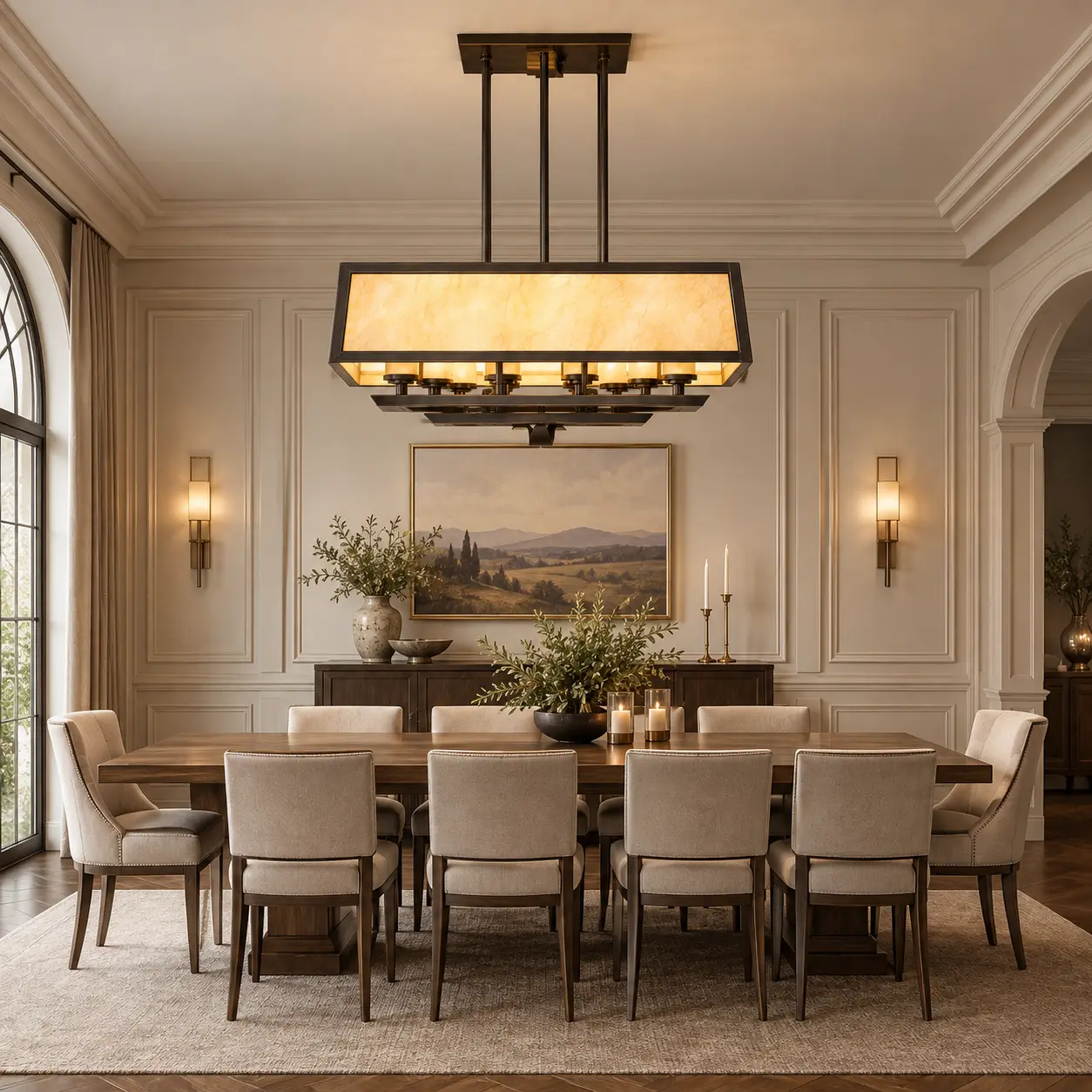 Ardmore 8-Light Rectangular Chandelier Hung Over Long Walnut Dining Table