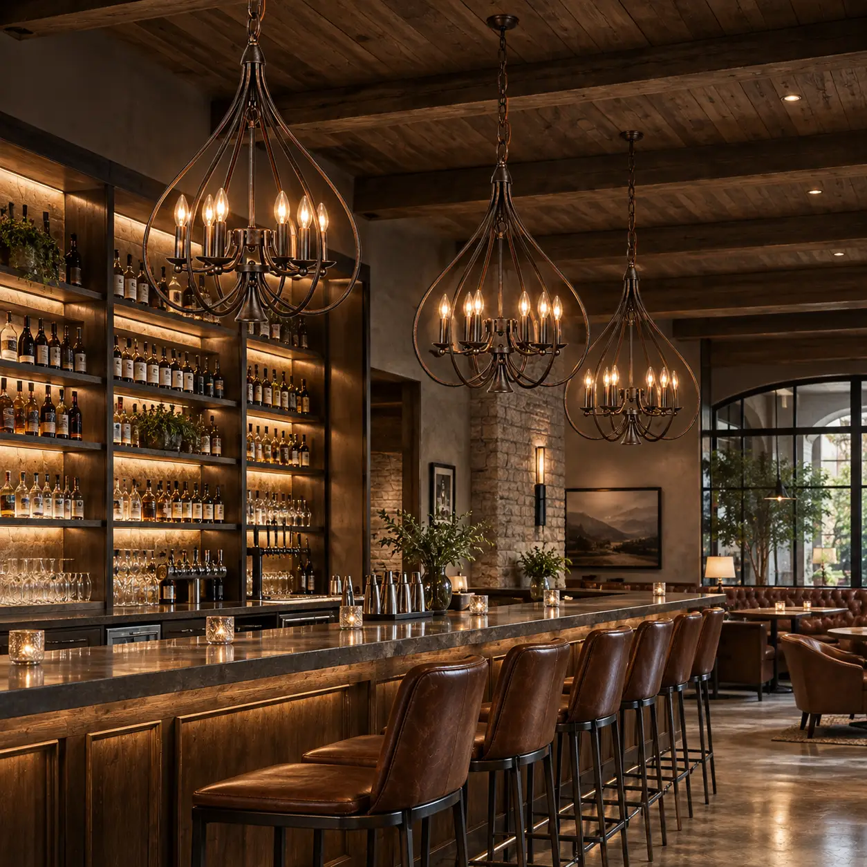 Pair of Artisan Bloom Chandelier Fixtures in Rustic Boutique Hotel Lounge