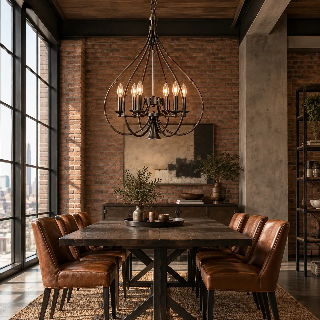 The Artisan Bloom 6-Light Chandelier Hanging over Dining Table in Urban Industrial Loft