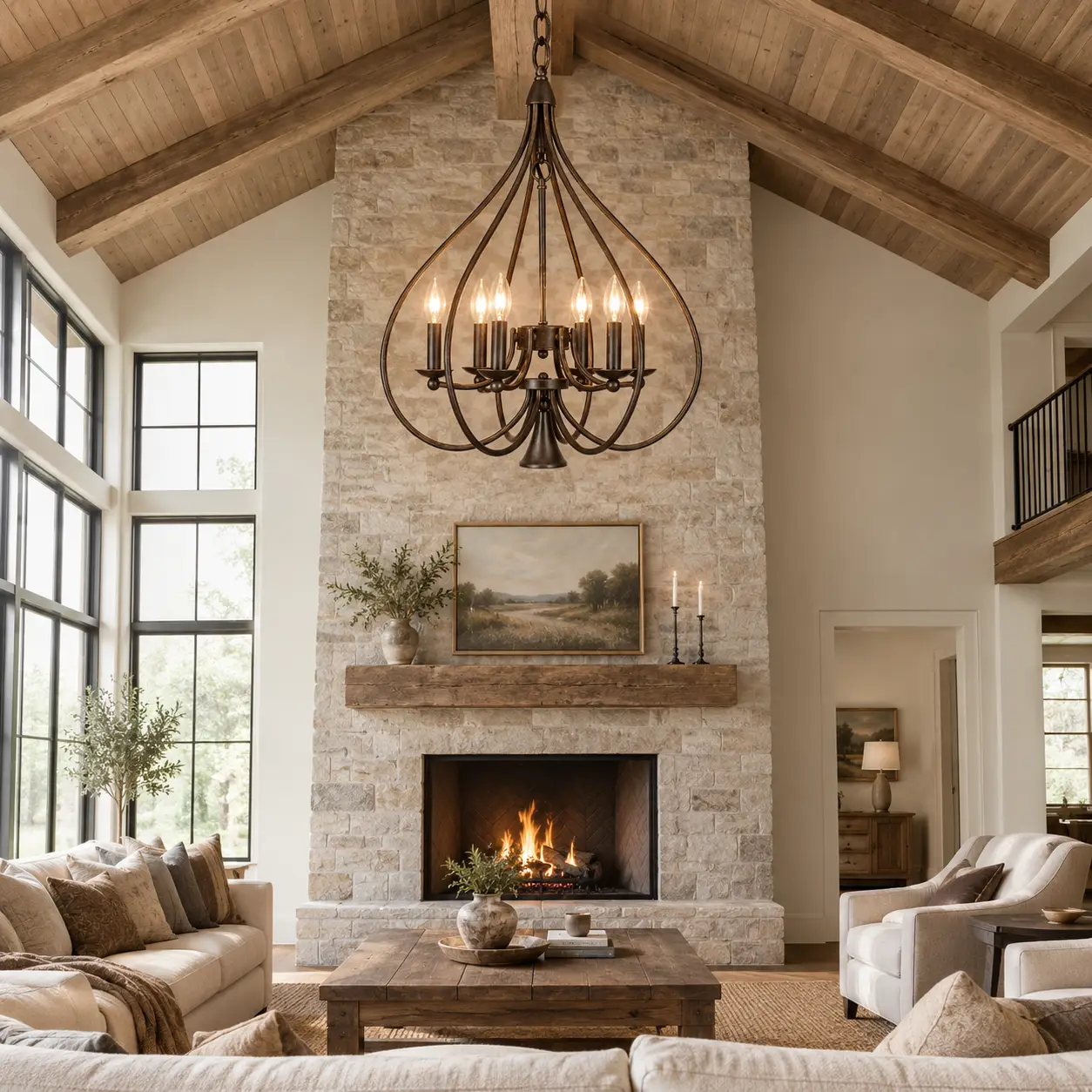 The Artisan Bloom Chandelier in Vaulted Modern Farmhouse Living Room with Exposed Beams
