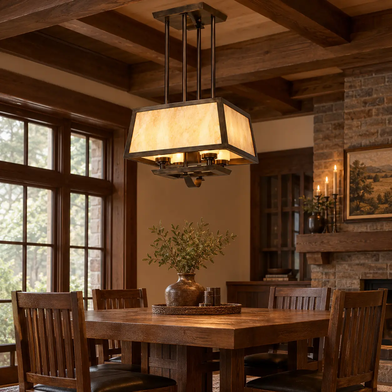 Artisan Craftsman 4-Light Mission Bronze Pendant Hung in a Rustic Dining Nook
