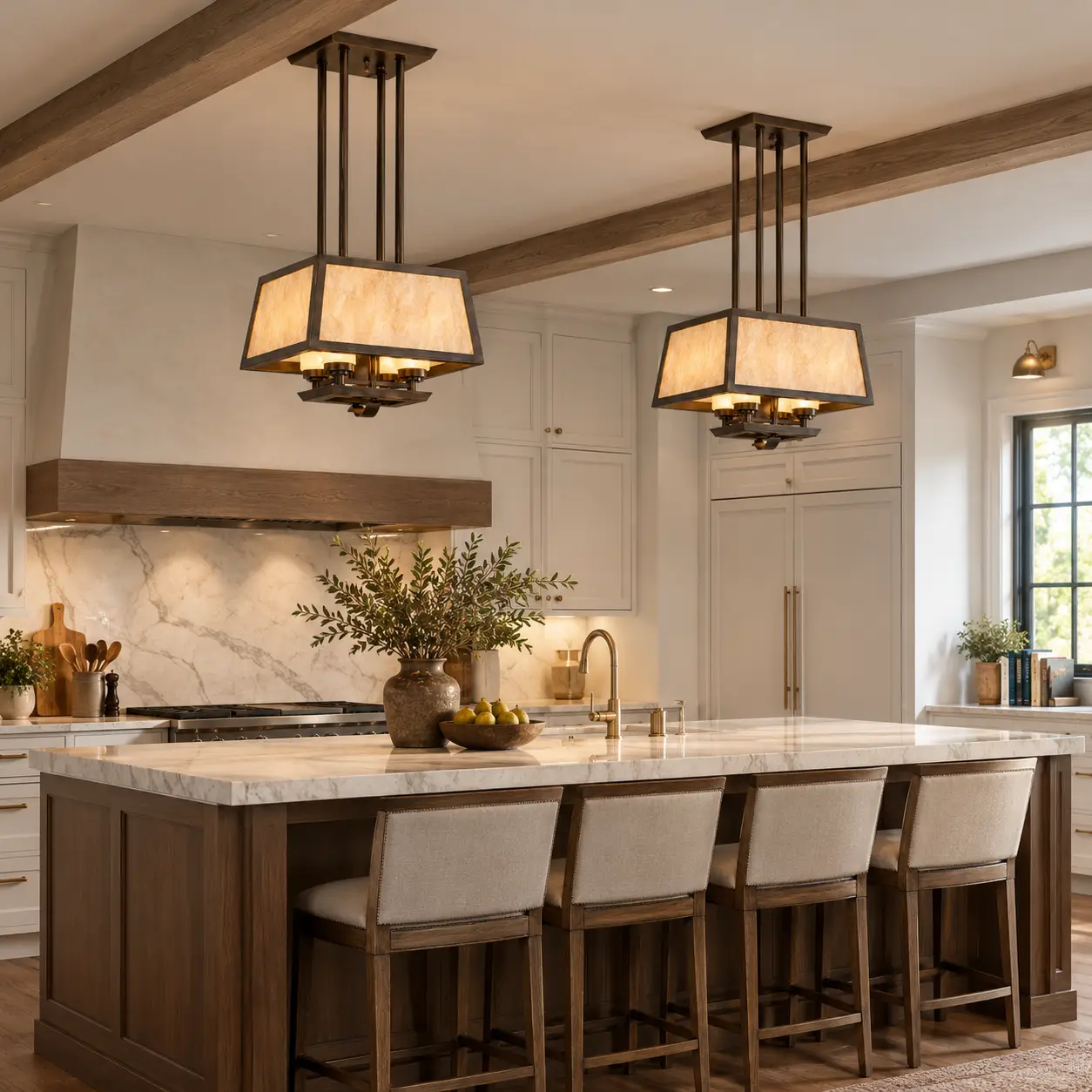 Artisan Craftsman 4-Light Pendant Pair Hung Above a Modern Farmhouse Kitchen Island